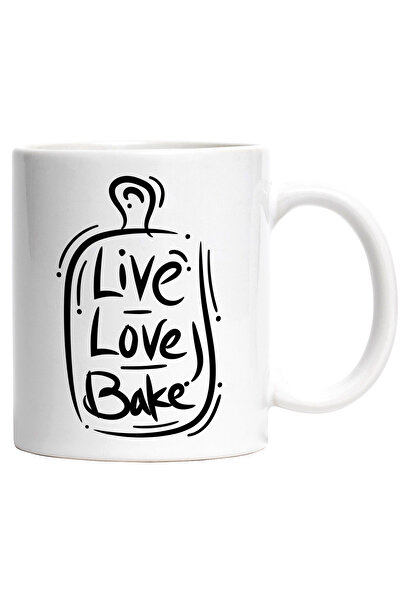 StoryGift Romania Cana Cu Mesaj In Engleza Live Love Bake, Iubire, Copt, Fund, Patiserie, Alb Negr, Cu Maner Alb