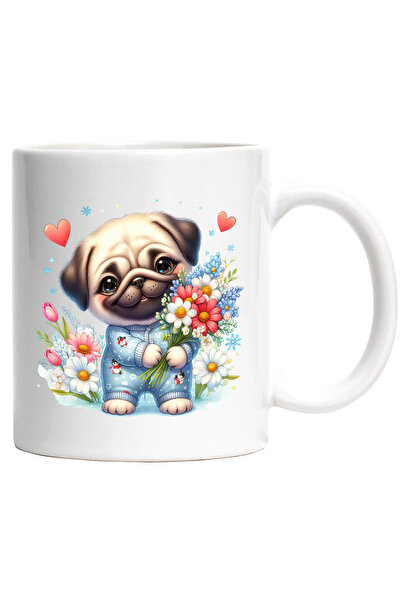 StoryGift Romania Cana cu un catelus Pug care tine un buchet cu flori | ilust...