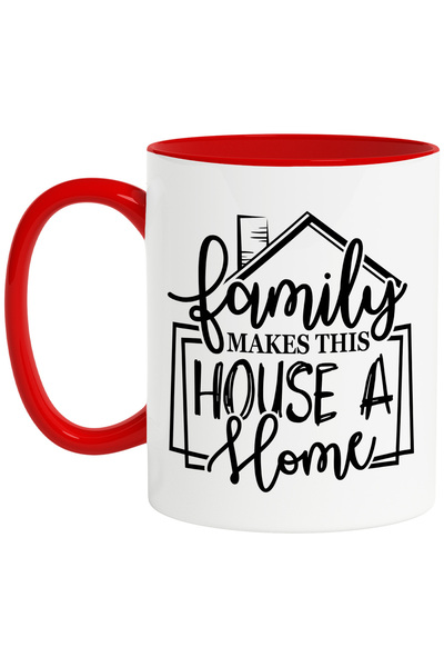 StoryGift Romania Cana cu o ilustratie afisand o casa si mesajul "Familia tra...