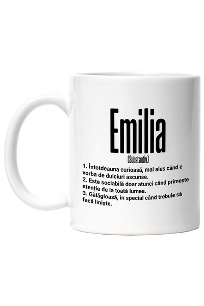 StoryGift Romania Cana Cu Numele Emilia, si Mesaj Amuzant, Curioasa, Sociabil...