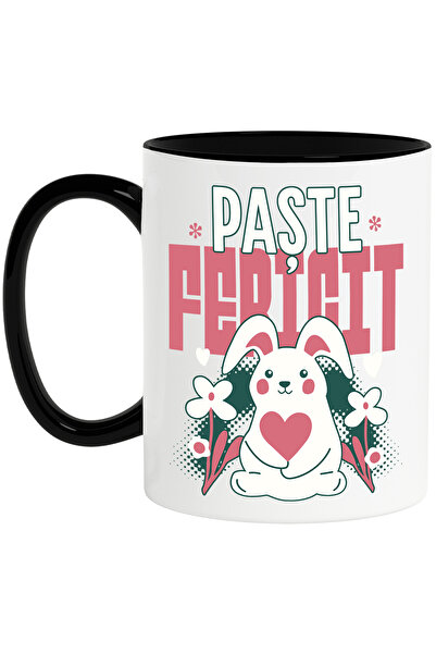 StoryGift Romania Cana paste fericit iepure fericit sarbatoare familie , 330ml, Ceramica cu Maner , Cu Maner Negru