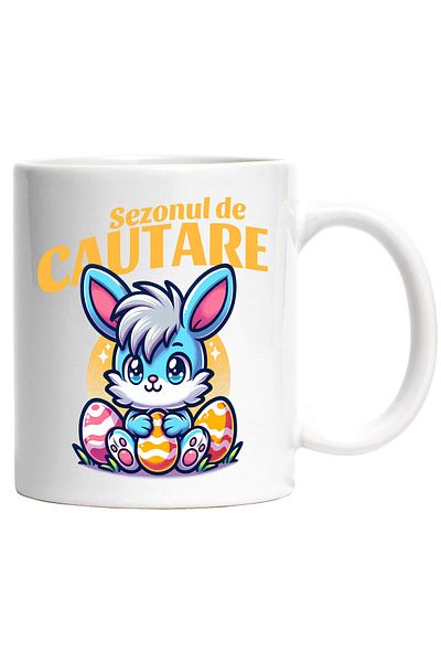 StoryGift Romania Cana cu Iepure Albastru Cu Freza Si Oua Colorate De Paste Text Sezonul De Cautar, Cu Maner Alb