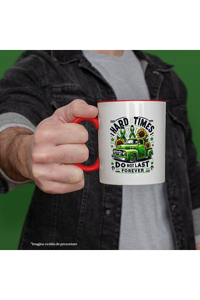 StoryGift Romania Mug with a green car with the message "Hard times do not last forever", flowers, style, With ,STG.