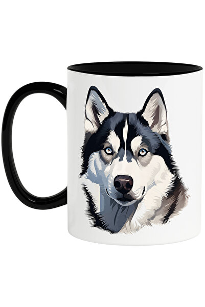 StoryGift Romania Cana cu un caine Husky, ilustratie, ochi patrunzatori, urechi ciulite, atent, pe, Cu Maner Negru