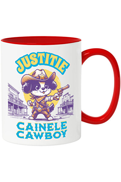 StoryGift Romania Cana cu Caine Serif Vestul Salbatic cu arma si palarie, insigna de aur text Just, Cu Maner Rosu