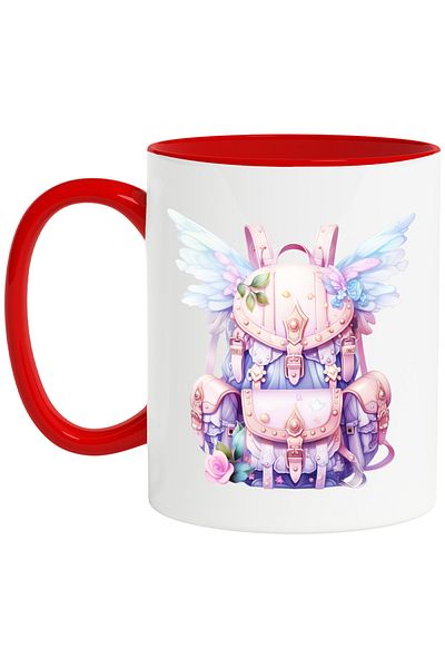 StoryGift Romania Cana cu un ghiozdan cu aripi | ilustratie | pentru copii | elev | scoala | invat, Cu Maner Rosu