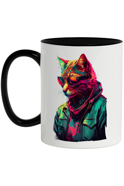 StoryGift Romania Cana Cu Pisica, Retro, Wave, Ochelari De Soare, Jacheta, Multicolor 330 ml, Cera, Cu Maner Negru