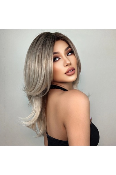 animis beauty Peruca medie, Blond Gri, fibra sintetica cu aspect natural, par mediu drept, cu semi breton, 40 cm