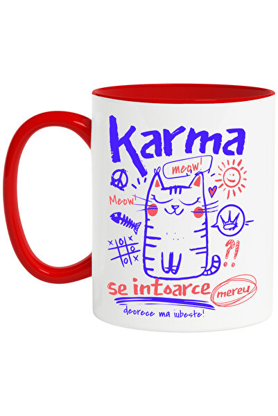 StoryGift Romania Cana Pisica-Karma se intoarce mereu, 330ml, Ceramic cu Maner Rosu, Cu Maner Rosu