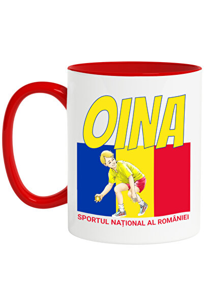 StoryGift Romania Cana Copil jucand Oina drapel Romania sport national, 330ml, Ceramic cu Maner Ro, Cu Maner Rosu