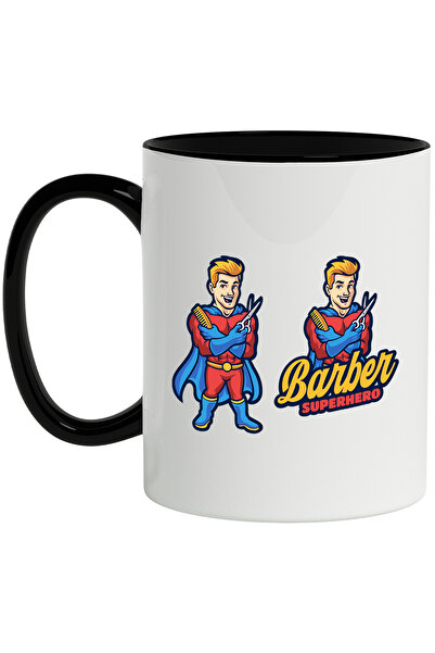 StoryGift Romania Cana Cu Barber Superhero, Frizer, Erou, Pieptan, Foarfeca, Multicolor 330 ml, Ce, Cu Maner Negru