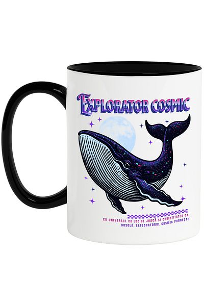 StoryGift Romania Cana Balena in spatiu mov Explorator cosmic, 330ml, Ceramica cu Maner Negru, Cu Maner Negru