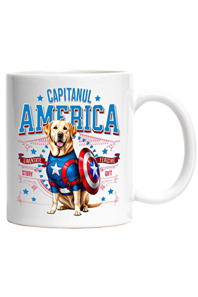 StoryGift Romania Labrador Retriever Dog Mug in Captain America Costume with Cape, Hero, with White Handle