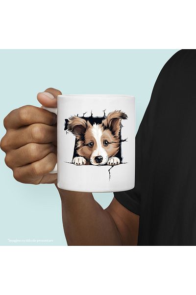 StoryGift Romania Cana cu Shetland Sheepdog (ciobanesc de Shetland), caine, animal de companie, il, Cu Maner Alb