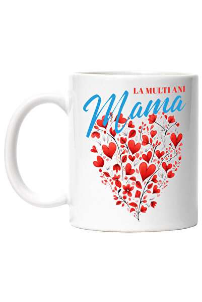 StoryGift Romania Cana cu Inima In Forma De Flori Text La Multi Ani Mama, Ziua Mamei, Ceramica, 3, Cu Maner Alb
