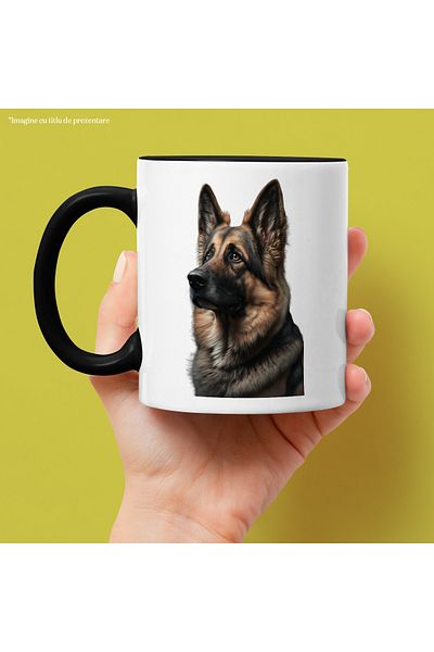 StoryGift Romania Cana Cu Imagine Catel Ciobanesc German,Ceramica, 330ml, cu Maner Negru, Cu Maner Negru
