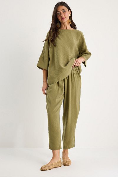 Bianco Lucci Women Boat Neck Half Sleeve Blouse Elastic Waist Baggy Pants Bottom-Top Suit 60283118