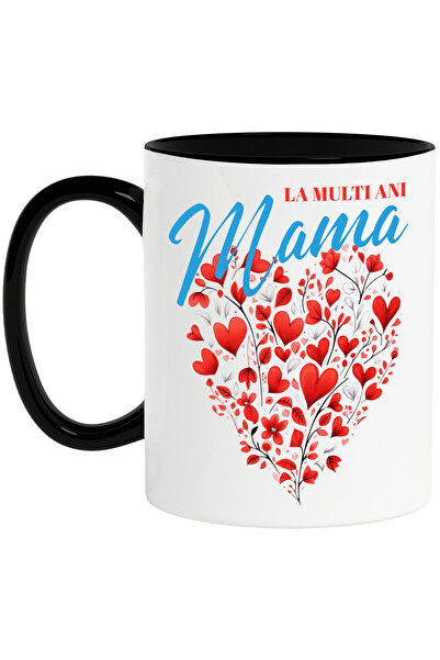 StoryGift Romania Cana cu Inima In Forma De Flori Text La Multi Ani Mama, Ziua Mamei, Ceramica, 3, Cu Maner Negru