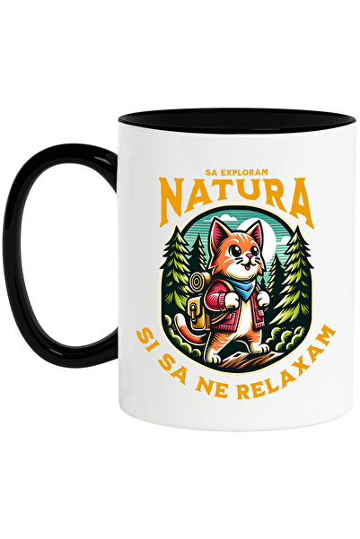 StoryGift Romania Cana cu Pisica Portocalie Cu Rucsac De Aventura Printre Munti Padure Text Sa Exp, Cu Maner Negru