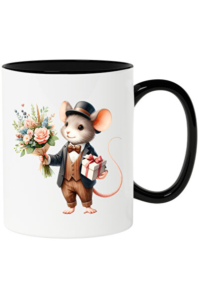 StoryGift Romania Cana cu un soricel la costum care tine un buchet cu flori s...