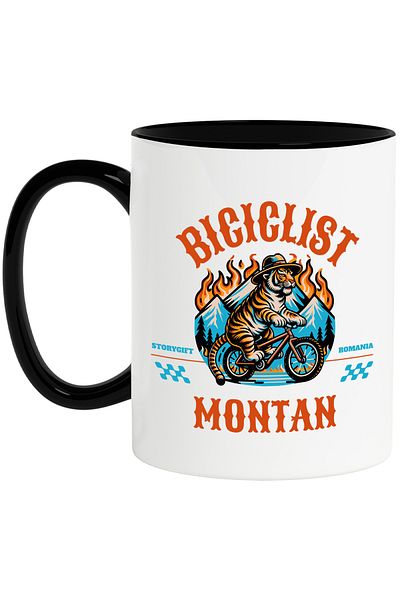 StoryGift Romania Mug tiger on mountain bike adventure, 330ml, Ceramic with Black Handle, With Black Handle