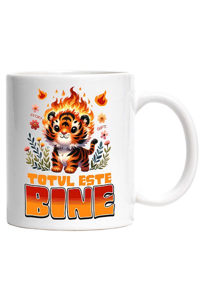 StoryGift Romania Mug with Animated Tiger Cub in Flames in Nature Colorful Flowers Ironic Text Everything Is, With White Handle