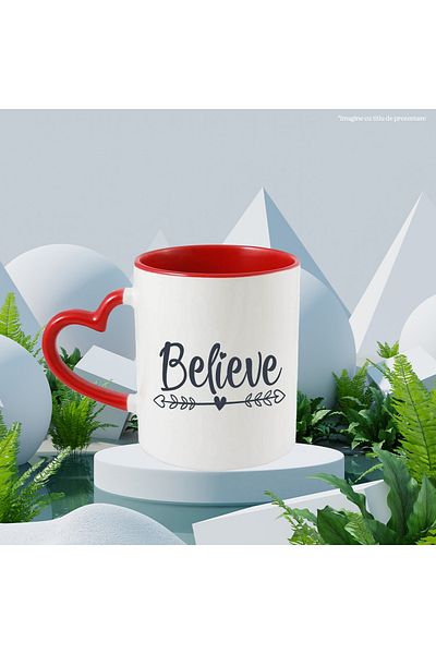 StoryGift Romania Mug with hearts and the text "Believe" - ​​believe hope with Red Heart Handle, With Handle, STG