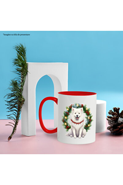 StoryGift Romania Mug with a white dog with a mistletoe chain around its neck, illustration, wreath, holidays,, With ,STG