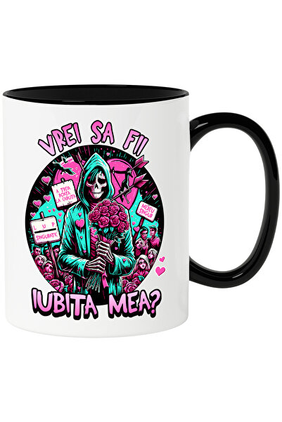 StoryGift Romania Cana Vrei sa fii iubita mea schelete flori romantic, 330ml, Ceramica cu Maner Ne, Cu Maner Negru