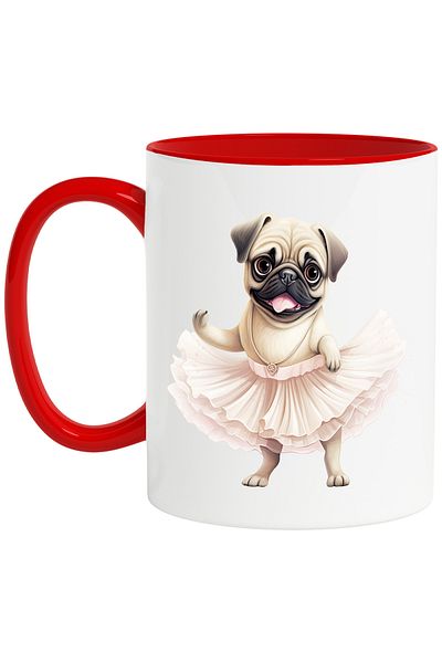 StoryGift Romania Cana cu Pug, danseaza, fusta, caine, animal de companie, ilustratie, balet, lant, Cu Maner Rosu