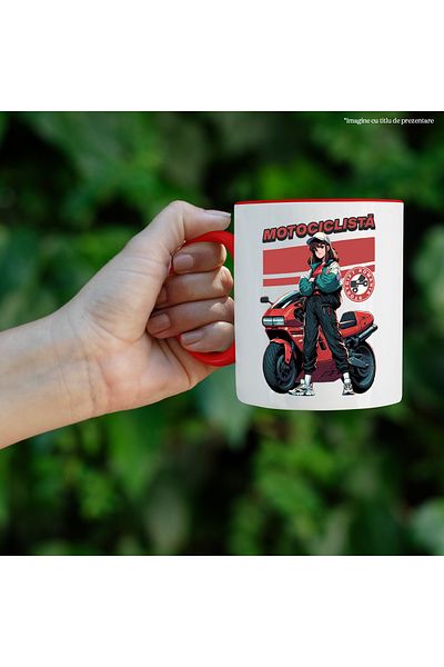 StoryGift Romania Cana motociclista fata langa motor rosu viteza, 330ml, Ceramic cu Maner Rosu, Cu Maner Rosu