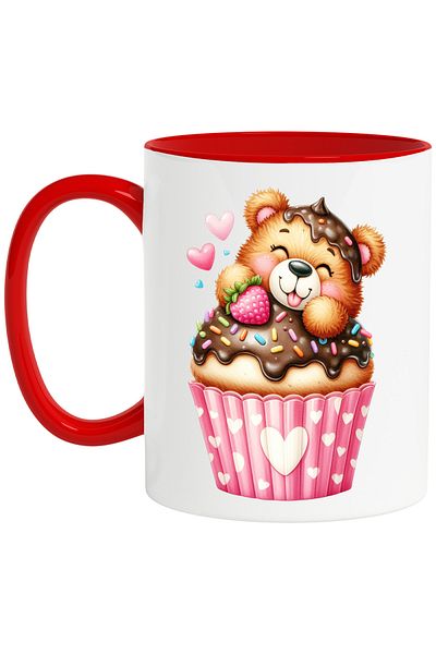StoryGift Romania Mug with a teddy bear sitting in a muffin, illustration, sweet, love, heart,, With ,STG