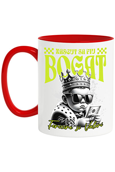 StoryGift Romania Cana Nascut sa fiu Bogat - Copil cu Dolari Americani, 330ml, Ceramic cu Maner Ro, Cu Maner Rosu