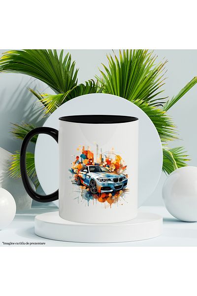 StoryGift Romania Mug With Car, Brand, BMW, Geometric, Abstract, Multicolor 330 ml, Ceramic with , With ,STG