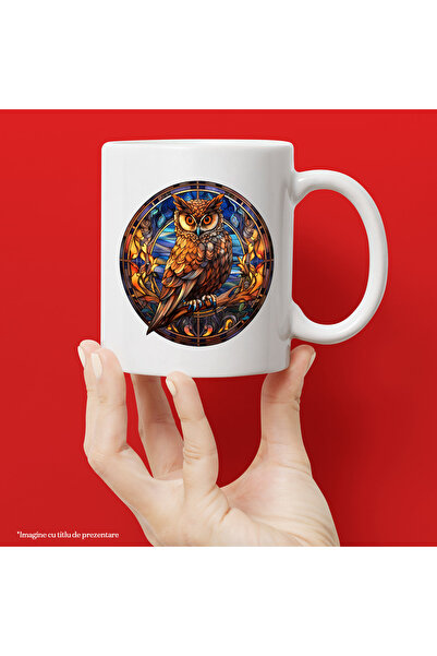 StoryGift Romania Cana cu o bufnita serioasa, ilustratie, ramuri, simboluri, ...