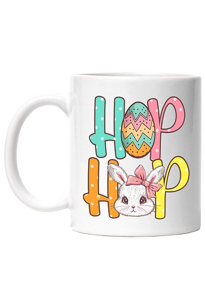 StoryGift Romania Cana cu iepurasul de Paste cu mesajul "Hop hop", Paste fericit, ilustratie, sarb, Cu Maner Alb