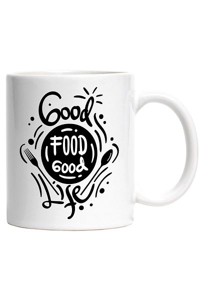 StoryGift Romania Cana Cu Mesaj In Engleza Good Food Good Life, Mancare, Viata, Tacamuri, Farfurie, Cu Maner Alb