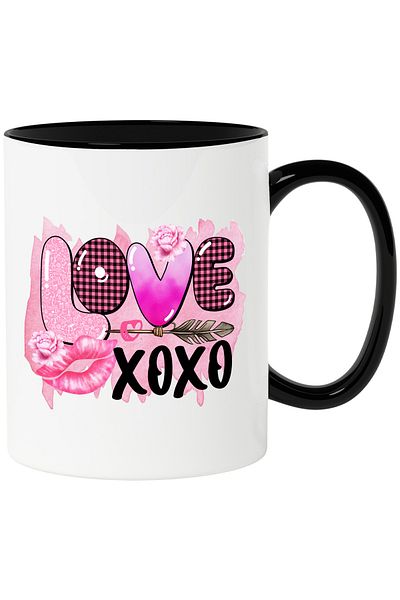 StoryGift Romania Mug with the message "Love, xoxo", lips, roses, Valentine's Day, illustration, pink, With ,STG