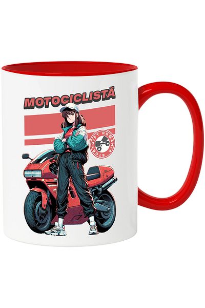 StoryGift Romania Cana motociclista fata langa motor rosu viteza, 330ml, Ceramic cu Maner Rosu, Cu Maner Rosu