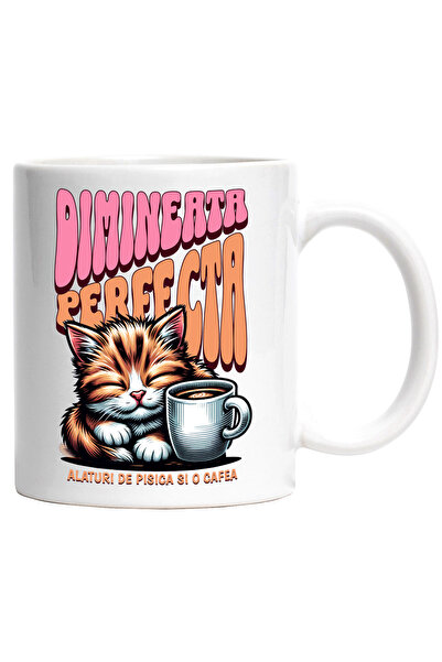 StoryGift Romania Cana Pisica somnoroasa si ceasca de cafea text DIMINEATA PE...