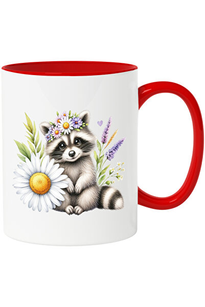 StoryGift Romania Cana cu un raton care sta in natura | mediu | floricele | plante | padure | vege, Cu Maner Rosu