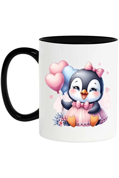 StoryGift Romania Cana cu un pinguin vesel, ilustratie, baloane, inimioare, c...