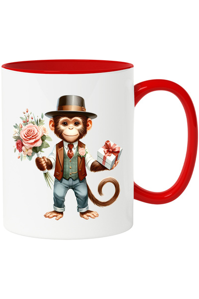 StoryGift Romania Cana cu o maimuta care tine un buchet cu flori si un cadou | ilustratie | camasa, Cu Maner Rosu