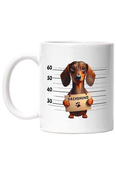 StoryGift Romania Cana cu Dachshund, caine, animal de companie, ilustratie, rasa pitica, urechi ap, Cu Maner Alb