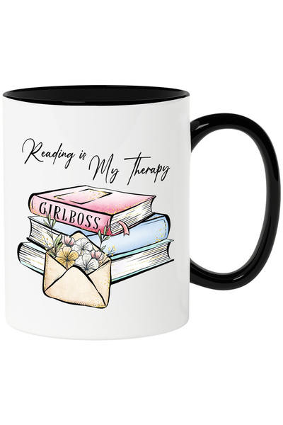 StoryGift Romania Cana cu un teanc de carti cu mesajul "Reading is my therapy...