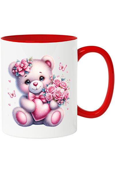 StoryGift Romania Cana cu un ursulet vesel | ilustratie | tine o inima in brate | buchet cu tranda, Cu Maner Rosu