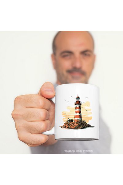 StoryGift Romania Cana cu un far | ilustratie | mare | apa | control | pasari | apus | arta vector, Cu Maner Alb
