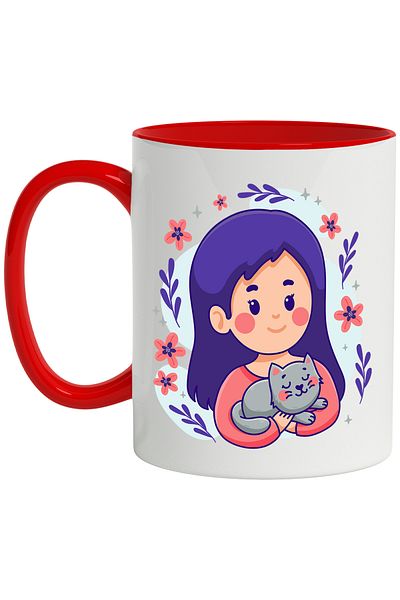 StoryGift Romania Cat Mug, Girl, Flowers, Stars, Leaves, Sweatshirt, Animal Lovers, Multicolor, With Red Handle