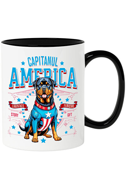 StoryGift Romania Mug with Rottweiler Dog in Captain America Costume with Cape, Night Hero,, With Black Handle