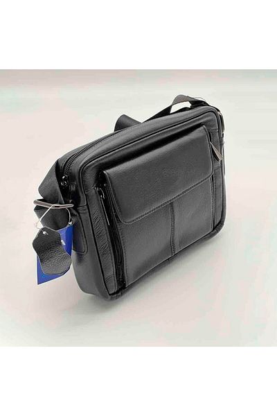 OEM Men's Genuine Leather Handbag, Black, Wallet Compartment, Phone, 21x17x5 cm